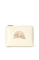 Cream pouch with zipper top and illustrated curled dog on front
