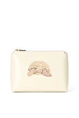 Cream pouch with zipper top and illustrated curled dog on front