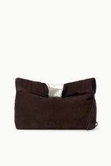 Espresso suede cuff clutch with silver-tone snap bar closure