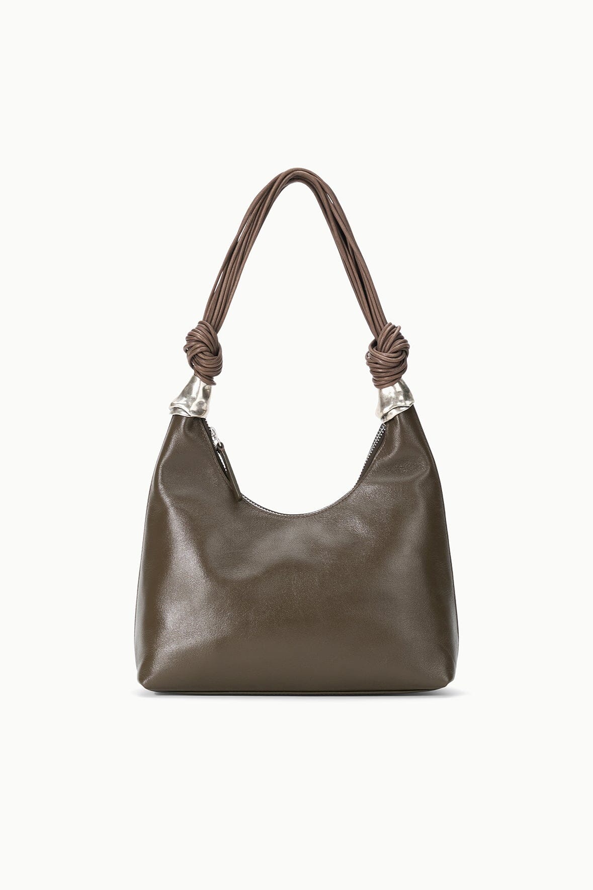 Truffle brown slouchy shoulder bag with braided straps and silver accents
