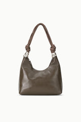 Truffle brown slouchy shoulder bag with braided straps and silver accents