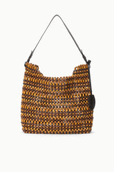 Drift multi wood bead shoulder bag with black straps and curved top