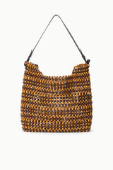 Multi wood bead hobo shoulder bag with black straps and textured beaded body