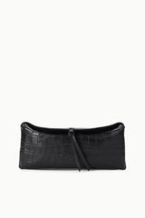 Black croc-embossed EVE clutch with top zip and wrist strap