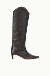 Dark brown tall western boot with pointed toe, low stacked heel, distressed leather