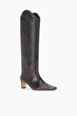 Dark brown tall western boot with slight heel, pointed toe, distressed finish