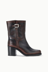 Espresso brown distressed ankle boot with side buckle strap and block heel