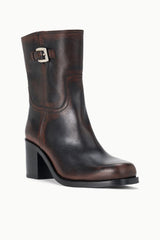 Espresso brown ankle boot with side buckle strap and square block heel