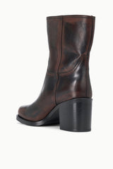 Espresso brown leather ankle boot with stacked block heel and pull-on panel