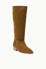 Cigar brown suede pull-on knee-high boot with squared toe and low block heel