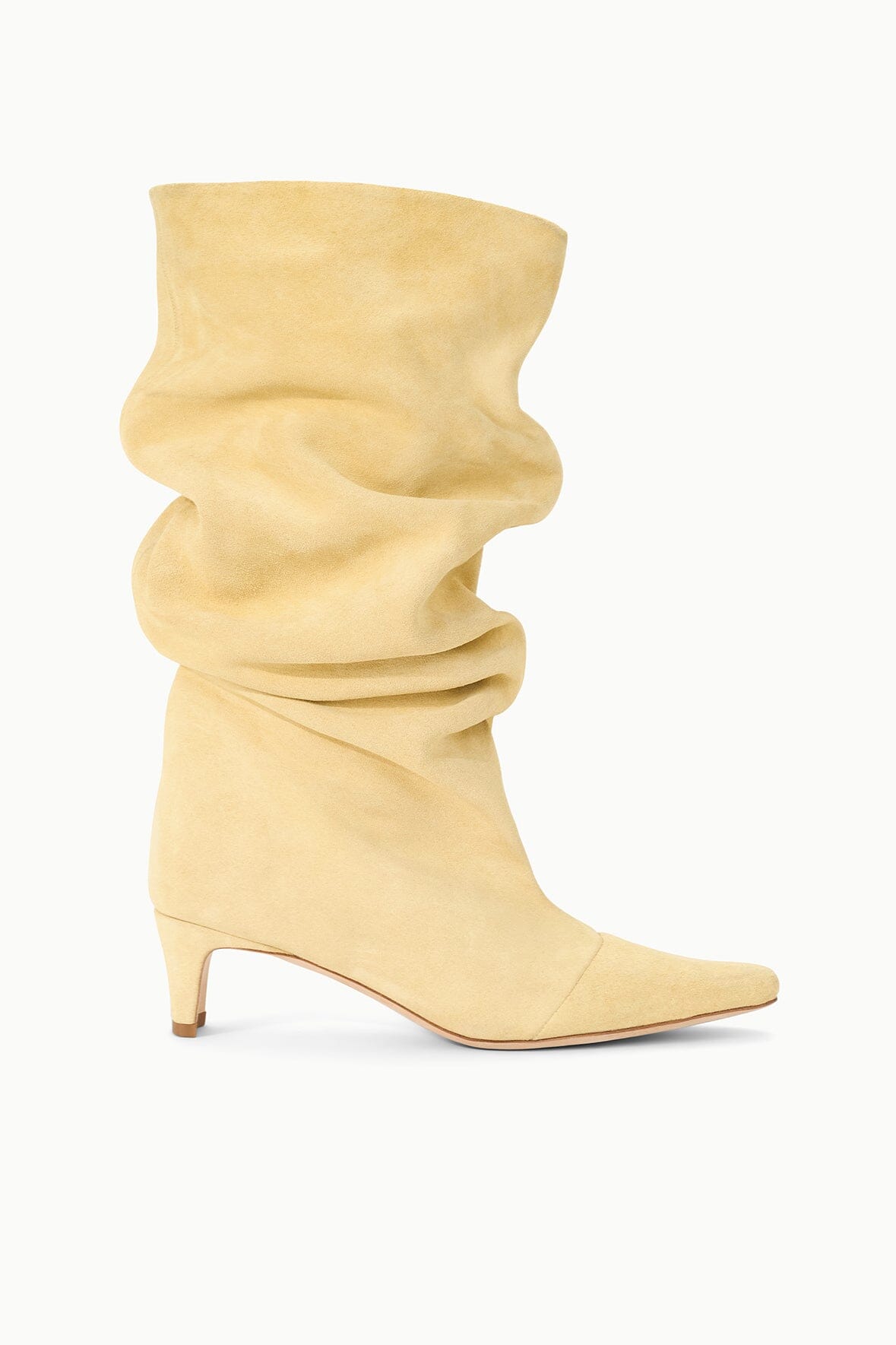Butter slouch boot with stacked heel and ruched shaft