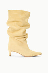 Butter slouch boot with stacked heel and ruched shaft