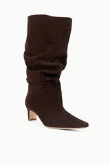 Brown suede slouch boots with ruched cuff, mid-calf shaft and block heel