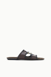 Espresso-brown slide sandals with braided crossover strap and open toe