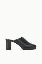 Black leather mule clog with chunky block heel, side profile