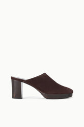 Espresso-brown suede mule with chunky block heel and open back slide