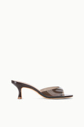 Espresso PVC mule sandal with clear upper and slim mid heel