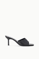 BEA mule espresso distressed: black open-toe heeled mule with wide strap