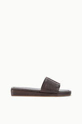 Espresso brown leather platform slide sandal with wide cross strap upper
