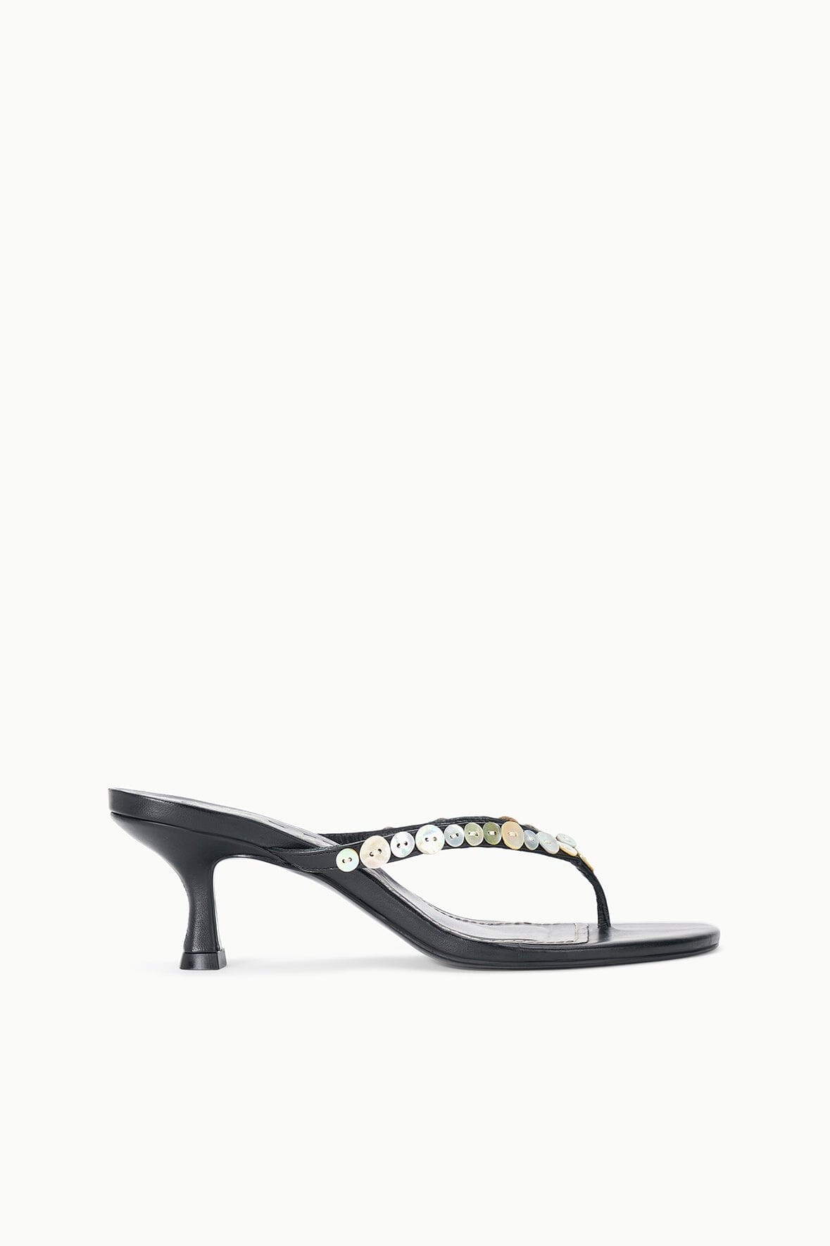 FREJA black kitten-heel sandals with pearl-bead strap and toe thong