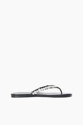 Black thong sandals with pearl bead strap and flat rubber sole.