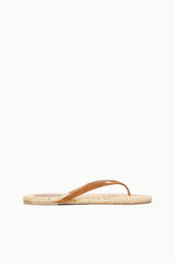 Woven thong sandals with tan footbed and tan leather-style toe strap