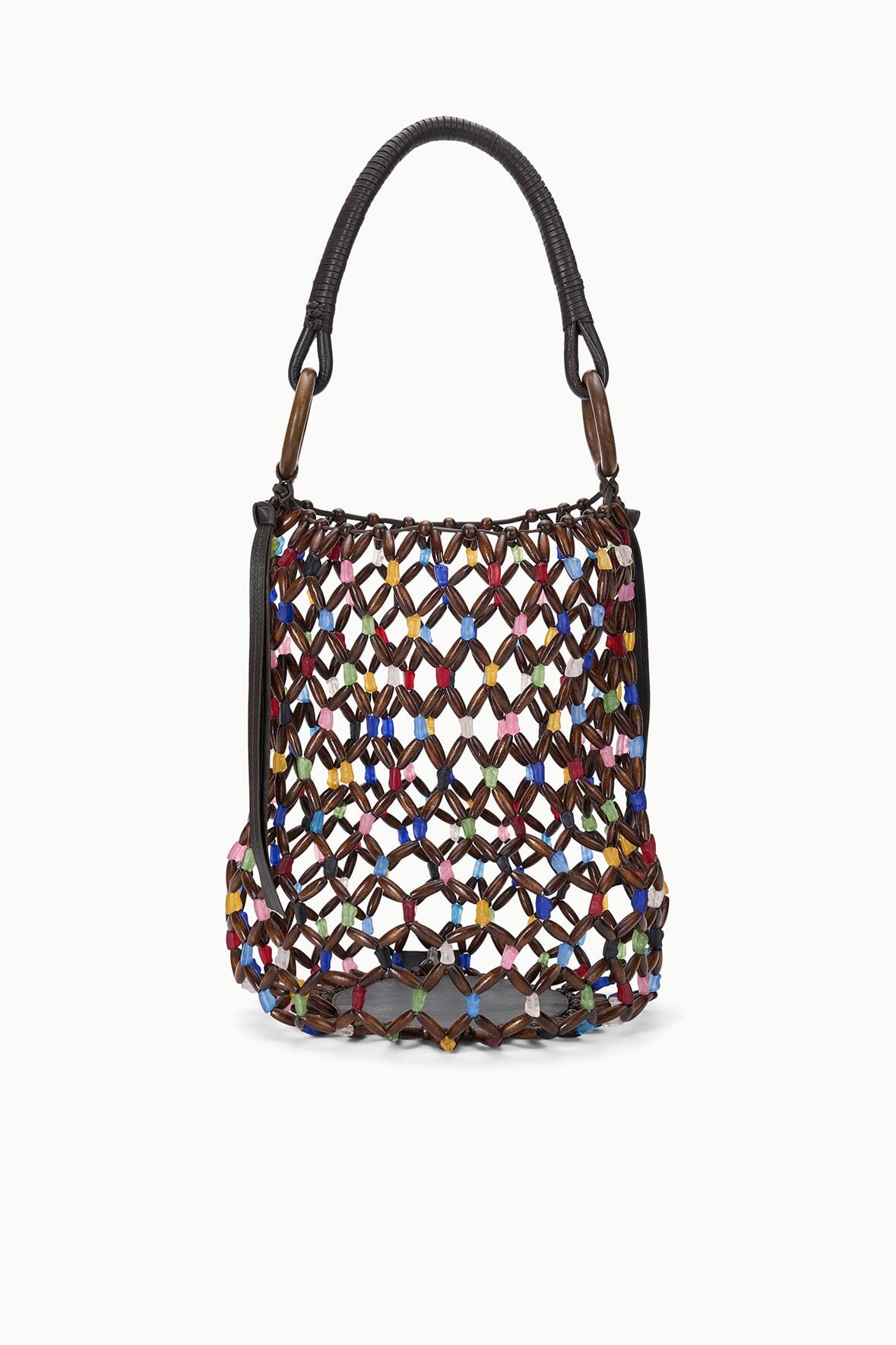 Del Mar bucket bag with multicolor beaded lattice, curved black handles, and rounded top