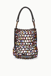 Del Mar bucket bag with multicolor beaded lattice, curved black handles, and rounded top