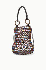 Del Mar bucket bag front view with multicolor beaded lattice and two ring-style black handles