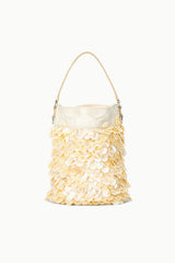 Cream sequin LILA mini bag with top handle and flap front, studio view