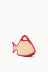 Fish-shaped pouch bag with beige woven front panel and red edging