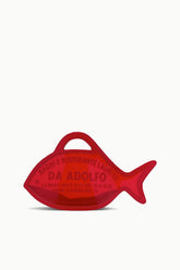 Red fish-shaped bag with handle, flat profile view with logo text