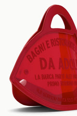 Red fish-shaped bag with handle and printed logo text on front