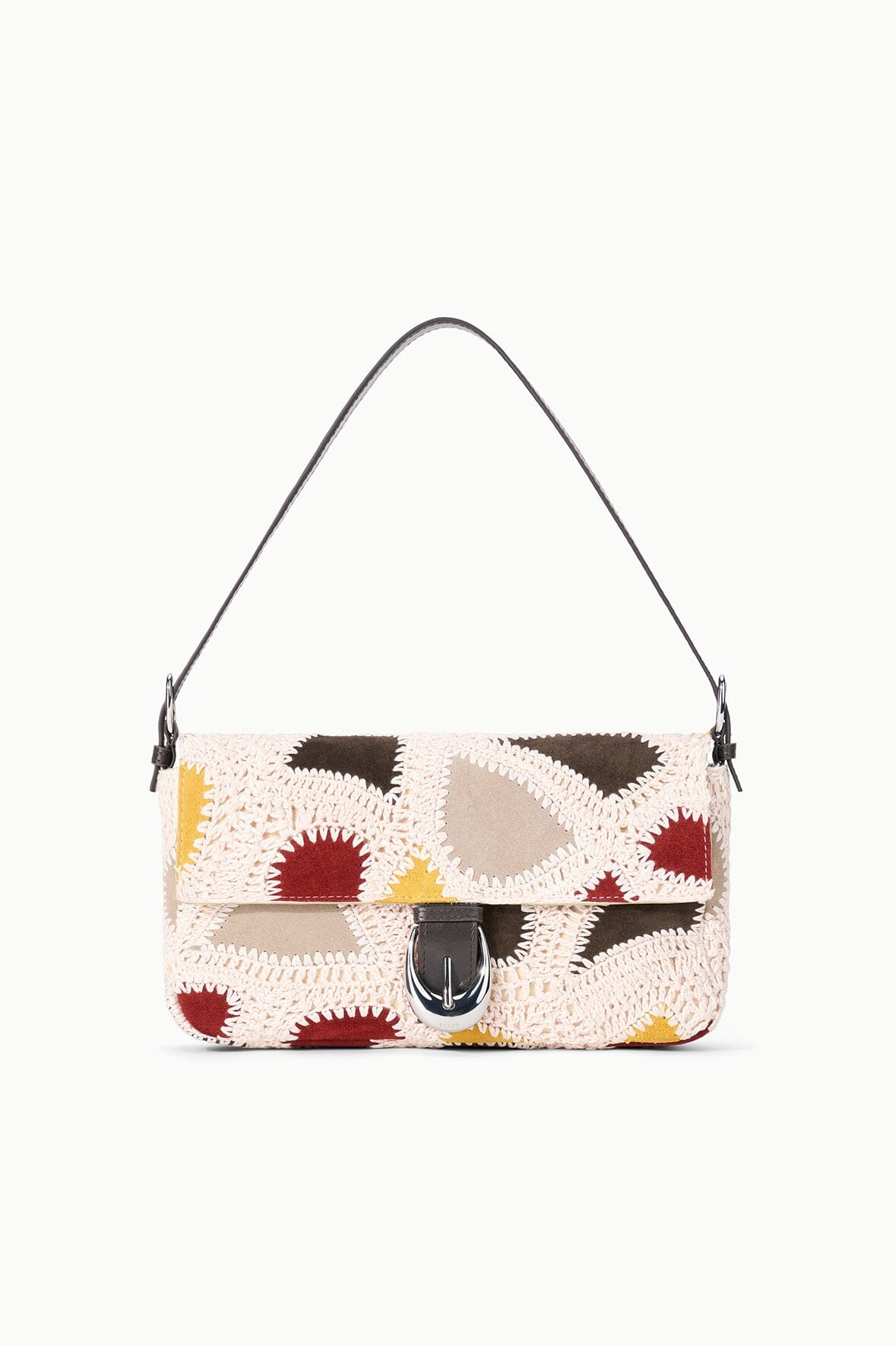 Patchwork suede shoulder bag with woven finish, top handles, and front clasp