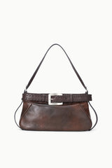 Espresso-brown distressed shoulder bag with front buckle and top handles.