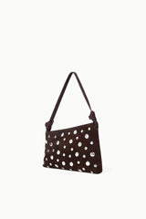 Mini shoulder bag in dark brown suede with silver stud pattern and single shoulder strap.