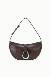 Espresso-brown crescent shoulder bag with silver O-ring buckle and single shoulder strap