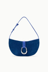 Cobalt crescent shoulder bag with curved suede body and ring-buckle strap