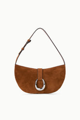 Tabac suede shoulder bag, angled view, ring clasp detail