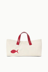 Cream tote bag with red top handles and small red fish applique on front