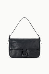 Black leather-look medium shoulder bag with flap front and circular ring hardware