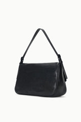 Black leather-look medium crescent shoulder bag with top handles and side strap