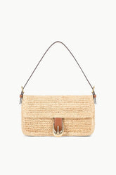 Natural tan raffia shoulder bag with gold-tone hardware and flap front