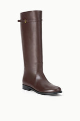 HARLOW riding boot in espresso brown, pull-on style with top buckle strap