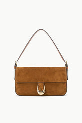 Tan suede Harlow bag with structured front flap, metal horseshoe clasp, and handles