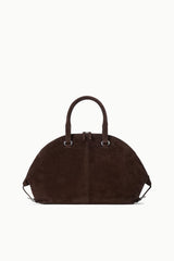 Espresso suede satchel bag with structured oval shape and top handles