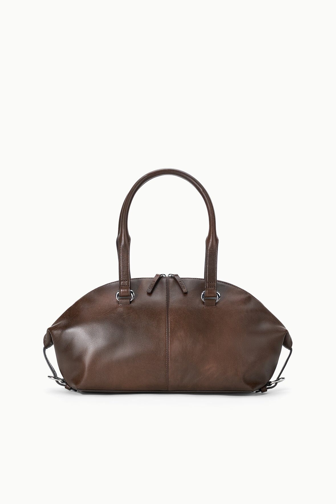 Espresso distressed shoulder bag with top zip, curved handles, and adjustable straps
