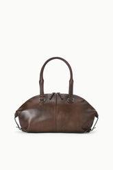Espresso distressed shoulder bag with top zip, curved handles, and adjustable straps