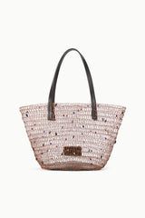 Multi-color beaded bucket bag with black handles and open top woven design