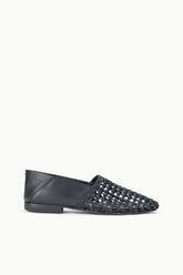 Black woven flat loafer with pointed toe and low block heel